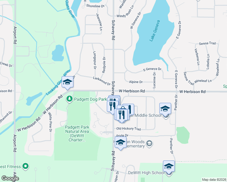 map of restaurants, bars, coffee shops, grocery stores, and more near West Herbison Road in DeWitt
