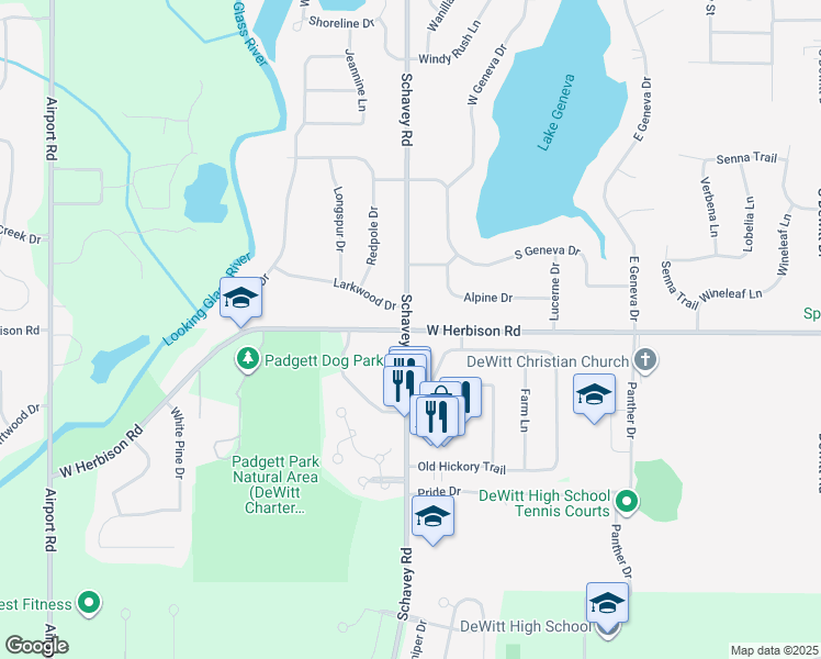 map of restaurants, bars, coffee shops, grocery stores, and more near 1314 West Herbison Road in DeWitt