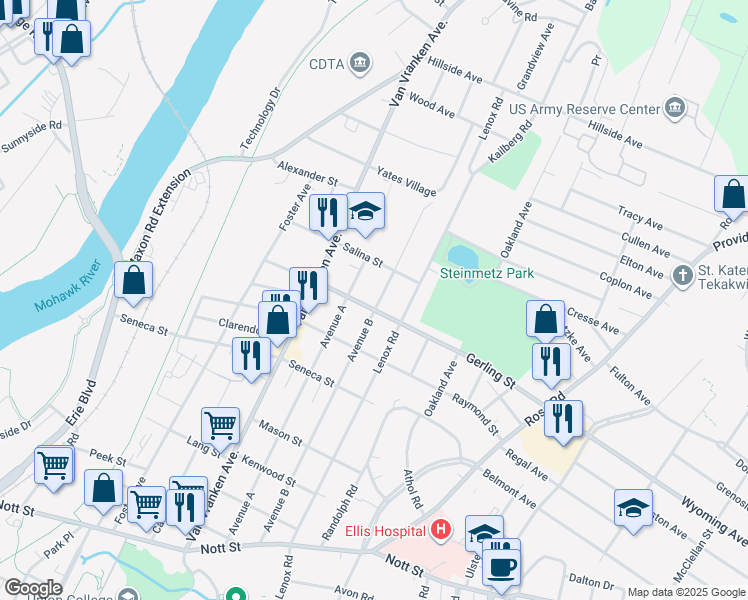 map of restaurants, bars, coffee shops, grocery stores, and more near 2019 Avenue B in Schenectady