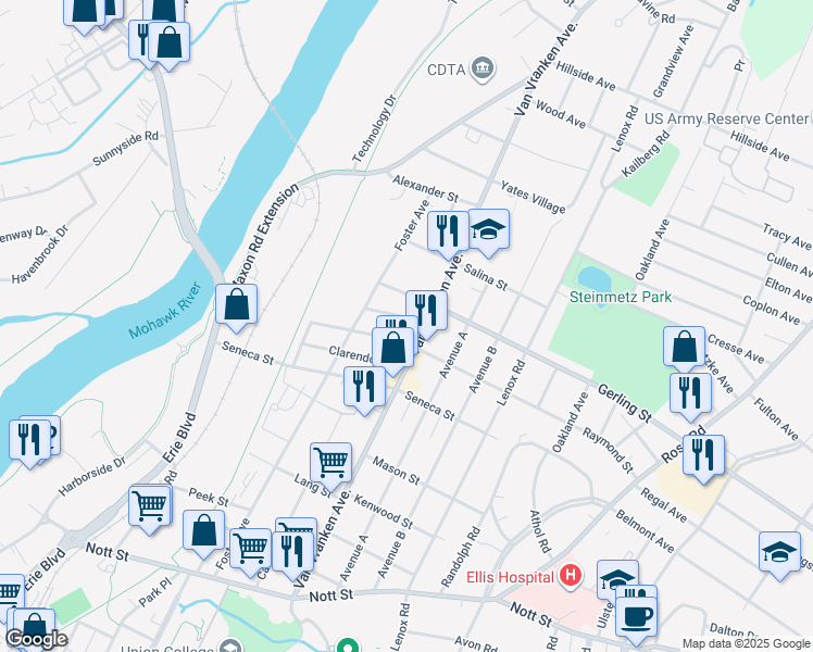 map of restaurants, bars, coffee shops, grocery stores, and more near 536 Florence Street in Schenectady