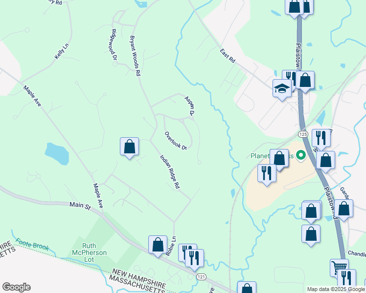map of restaurants, bars, coffee shops, grocery stores, and more near 27 Overlook Drive in Atkinson