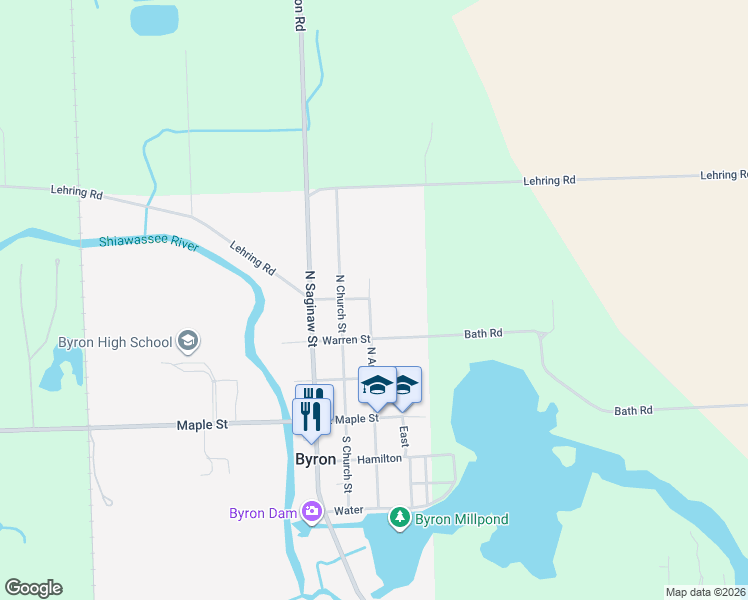 map of restaurants, bars, coffee shops, grocery stores, and more near 410 North Ann Street in Byron