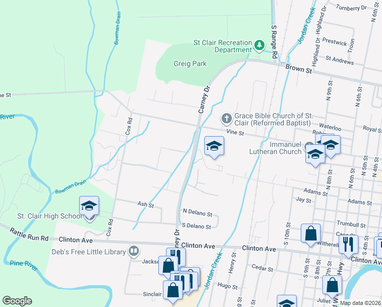 map of restaurants, bars, coffee shops, grocery stores, and more near 215 North Carney Drive in Saint Clair