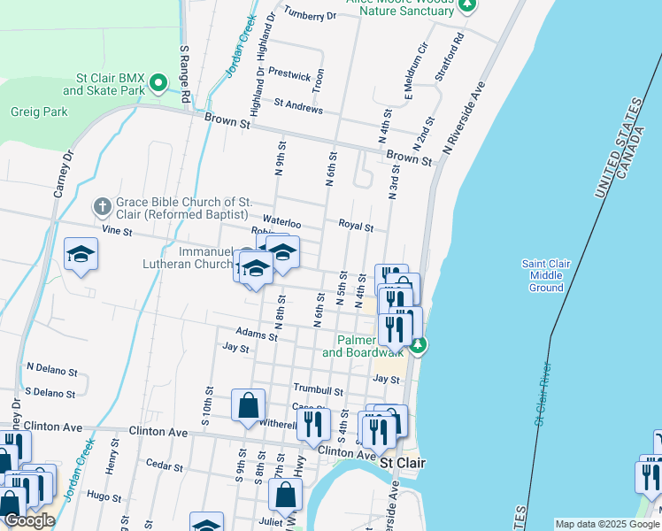 map of restaurants, bars, coffee shops, grocery stores, and more near 512 Vine Street in Saint Clair