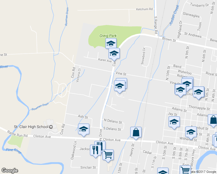 map of restaurants, bars, coffee shops, grocery stores, and more near 215 North Carney Drive in Saint Clair