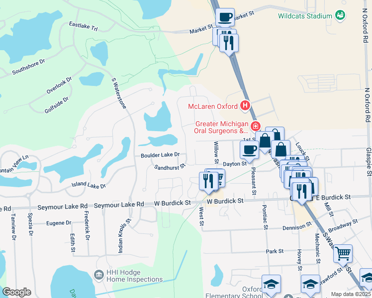map of restaurants, bars, coffee shops, grocery stores, and more near Franklin Lake Circle in Oxford