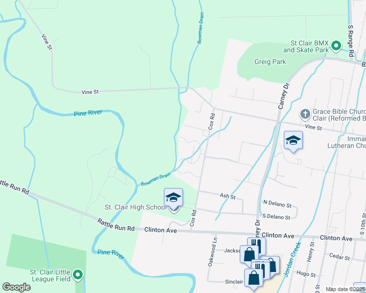 map of restaurants, bars, coffee shops, grocery stores, and more near 2679 Cour Franc Street in Saint Clair