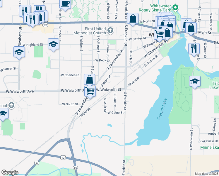 map of restaurants, bars, coffee shops, grocery stores, and more near 612 West Walworth Street in Whitewater