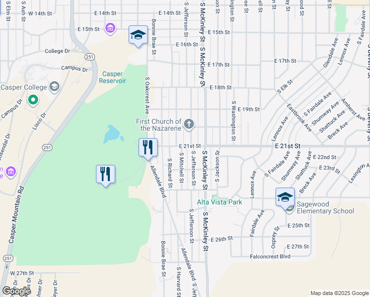 map of restaurants, bars, coffee shops, grocery stores, and more near 815 East 21st Street in Casper