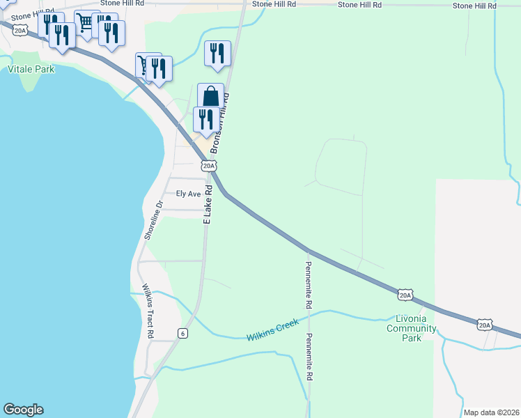 map of restaurants, bars, coffee shops, grocery stores, and more near 6099 Big Tree Road in Livonia