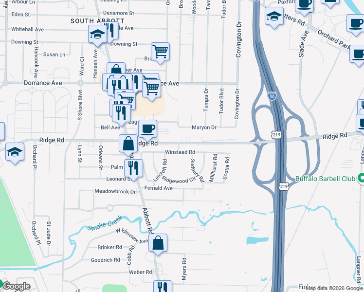 map of restaurants, bars, coffee shops, grocery stores, and more near 2 Community Drive in Buffalo