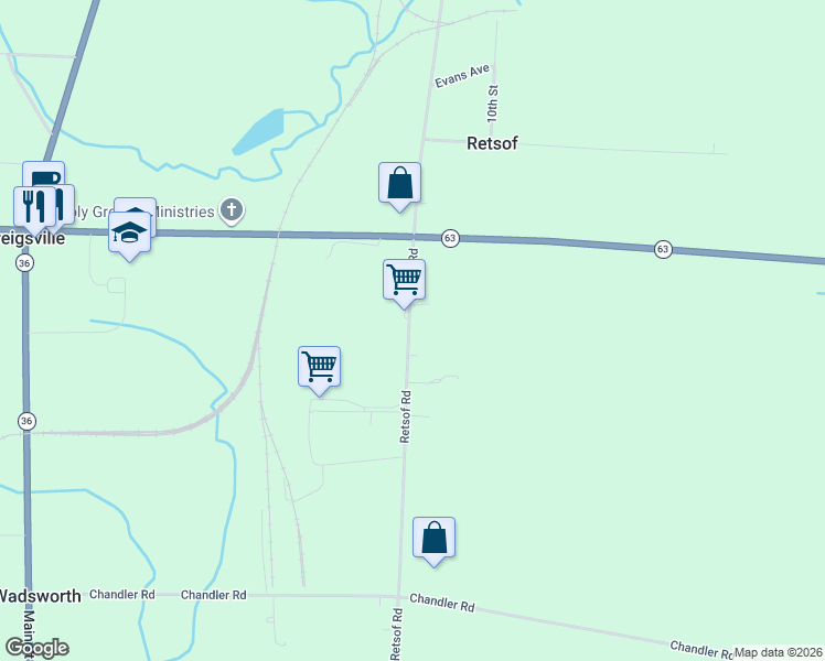 map of restaurants, bars, coffee shops, grocery stores, and more near 3801-3803 Retsof Rd in Piffard