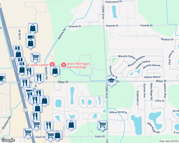 map of restaurants, bars, coffee shops, grocery stores, and more near 12100 Clearview Lane in Holland