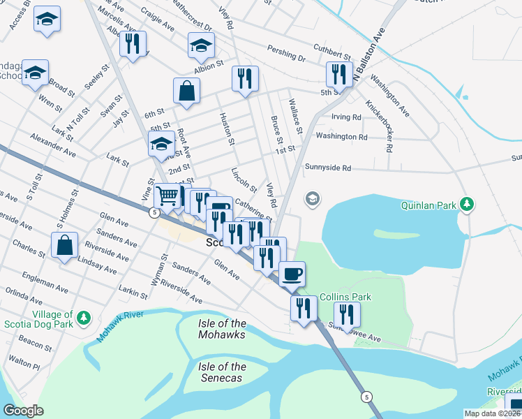 map of restaurants, bars, coffee shops, grocery stores, and more near 110 Catherine Street in Scotia