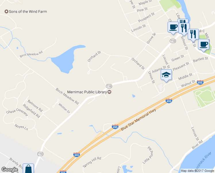 map of restaurants, bars, coffee shops, grocery stores, and more near 1 Greenleaf Drive in Merrimac