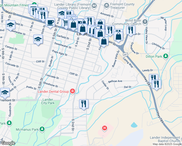 map of restaurants, bars, coffee shops, grocery stores, and more near 127 Canyon Street in Lander