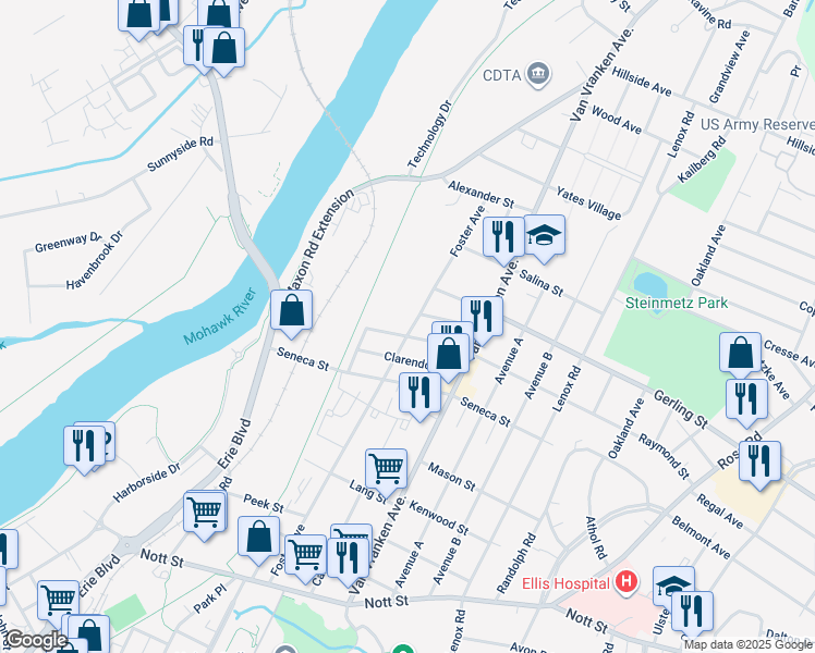 map of restaurants, bars, coffee shops, grocery stores, and more near 1909 Foster Avenue in Schenectady