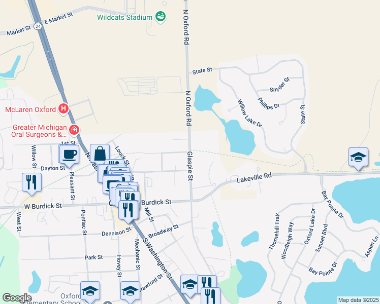 map of restaurants, bars, coffee shops, grocery stores, and more near 55 North Glaspie Street in Oakland County