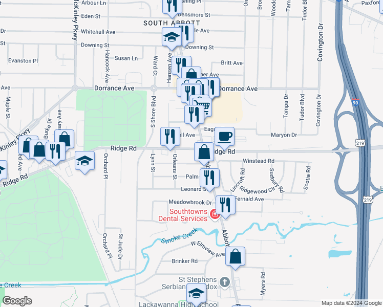 map of restaurants, bars, coffee shops, grocery stores, and more near 1257 Ridge Road in Buffalo