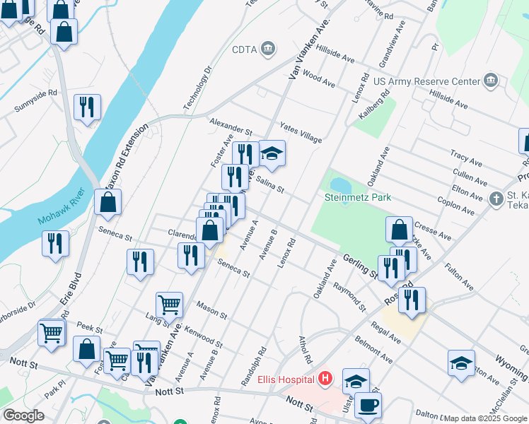map of restaurants, bars, coffee shops, grocery stores, and more near 2006 Avenue A in Schenectady