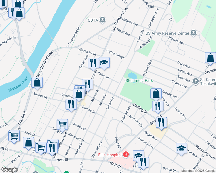 map of restaurants, bars, coffee shops, grocery stores, and more near 2019 Avenue B in Schenectady