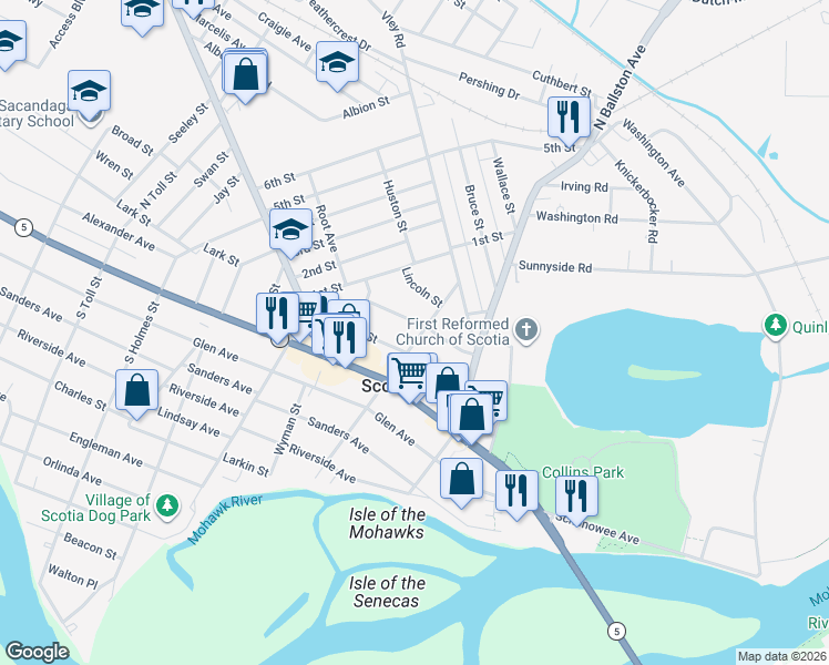 map of restaurants, bars, coffee shops, grocery stores, and more near 107 North Ten Broeck Street in Scotia