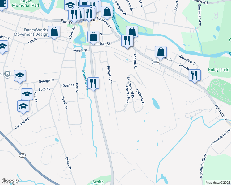 map of restaurants, bars, coffee shops, grocery stores, and more near 75 Prospect Street in Milford