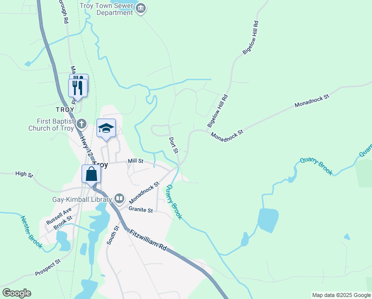 map of restaurants, bars, coffee shops, grocery stores, and more near 84 Monadnock Street in Troy