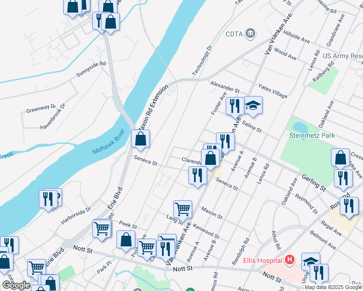 map of restaurants, bars, coffee shops, grocery stores, and more near 431 Manhattan Street in Schenectady