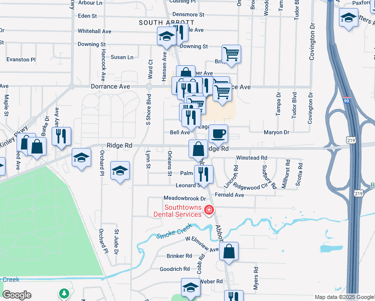 map of restaurants, bars, coffee shops, grocery stores, and more near 1257 Ridge Road in Buffalo