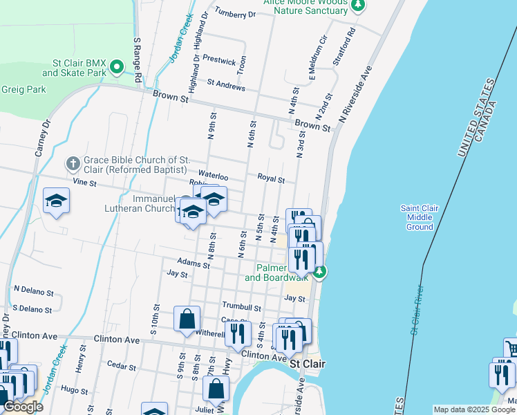 map of restaurants, bars, coffee shops, grocery stores, and more near 512 Vine Street in Saint Clair