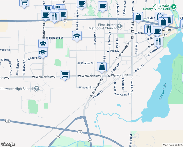 map of restaurants, bars, coffee shops, grocery stores, and more near 910 West Walworth Avenue in Whitewater