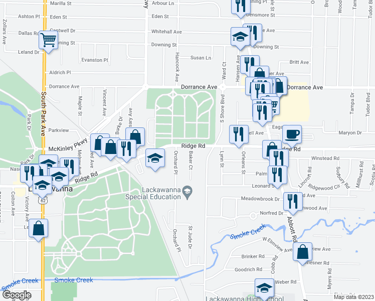 map of restaurants, bars, coffee shops, grocery stores, and more near 1091 Ridge Road in Buffalo