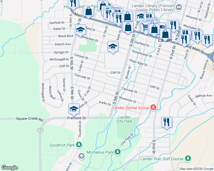 map of restaurants, bars, coffee shops, grocery stores, and more near 581 Cascade Street in Lander