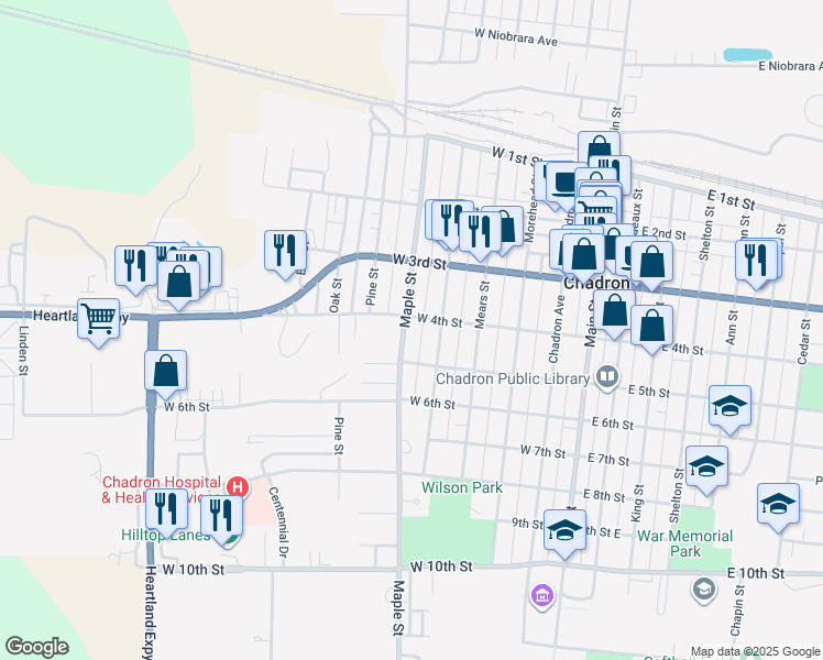 map of restaurants, bars, coffee shops, grocery stores, and more near 424 Maple Street in Chadron
