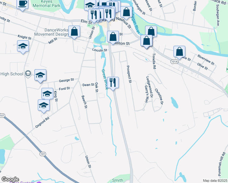 map of restaurants, bars, coffee shops, grocery stores, and more near 237 South Street in Milford