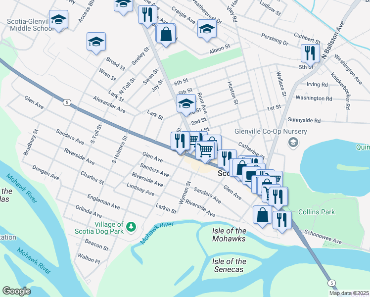 map of restaurants, bars, coffee shops, grocery stores, and more near 302 Mohawk Avenue in Scotia