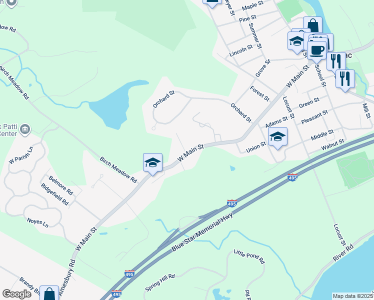 map of restaurants, bars, coffee shops, grocery stores, and more near in Merrimac