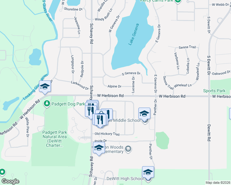 map of restaurants, bars, coffee shops, grocery stores, and more near 1222 Herbison in DeWitt
