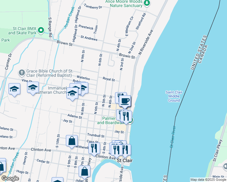 map of restaurants, bars, coffee shops, grocery stores, and more near 514 North 4th Street in Saint Clair
