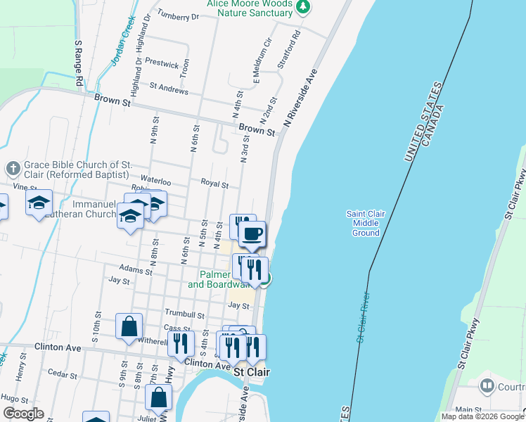 map of restaurants, bars, coffee shops, grocery stores, and more near 541 North Riverside Avenue in Saint Clair