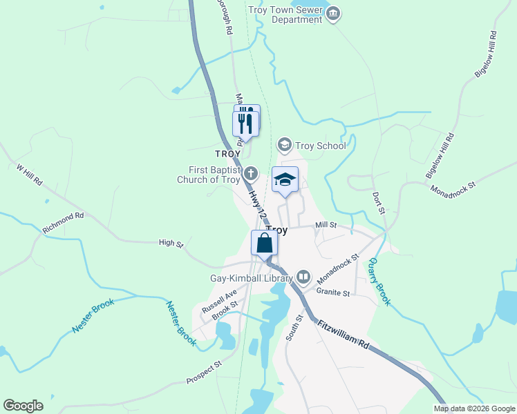 map of restaurants, bars, coffee shops, grocery stores, and more near 2 North Main Street in Troy