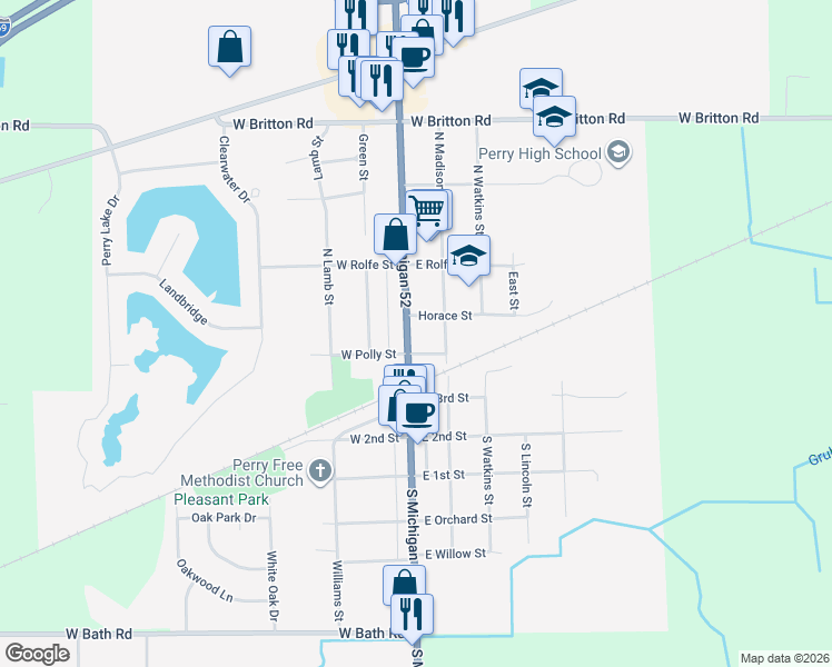 map of restaurants, bars, coffee shops, grocery stores, and more near 314 North Main Street in Perry