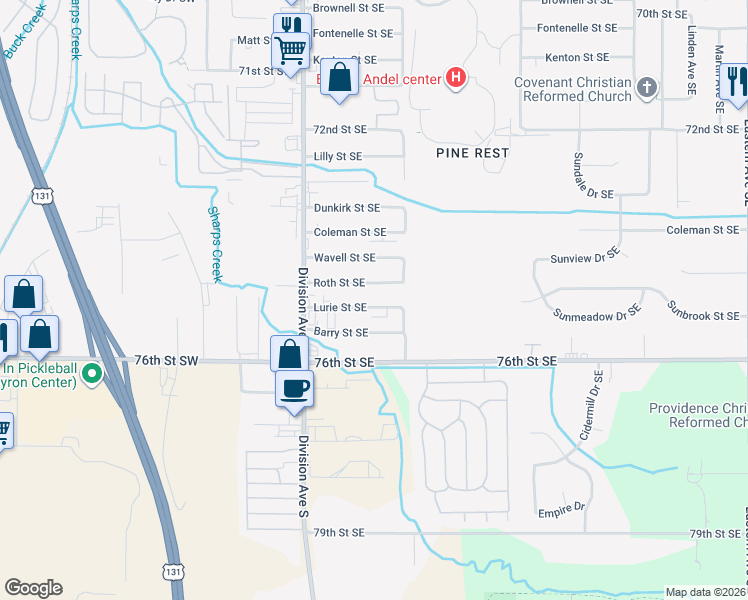 map of restaurants, bars, coffee shops, grocery stores, and more near 129 Lurie Street Southeast in Grand Rapids