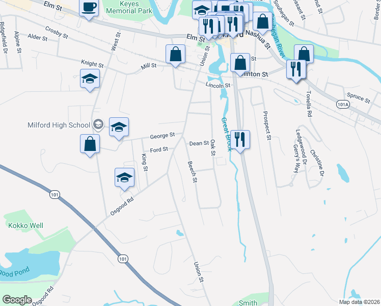 map of restaurants, bars, coffee shops, grocery stores, and more near 18 Beech Street in Milford