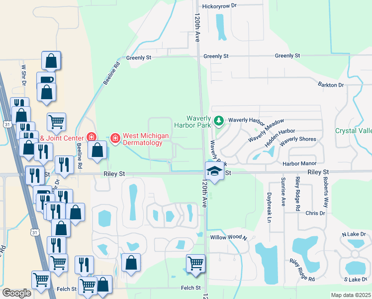 map of restaurants, bars, coffee shops, grocery stores, and more near 12001 Clearview Lane in Holland