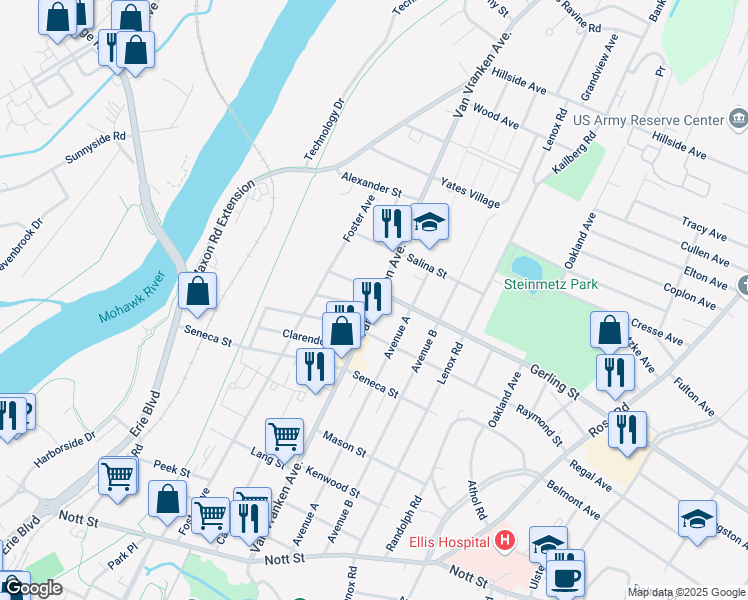 map of restaurants, bars, coffee shops, grocery stores, and more near 1935 Van Vranken Avenue in Schenectady