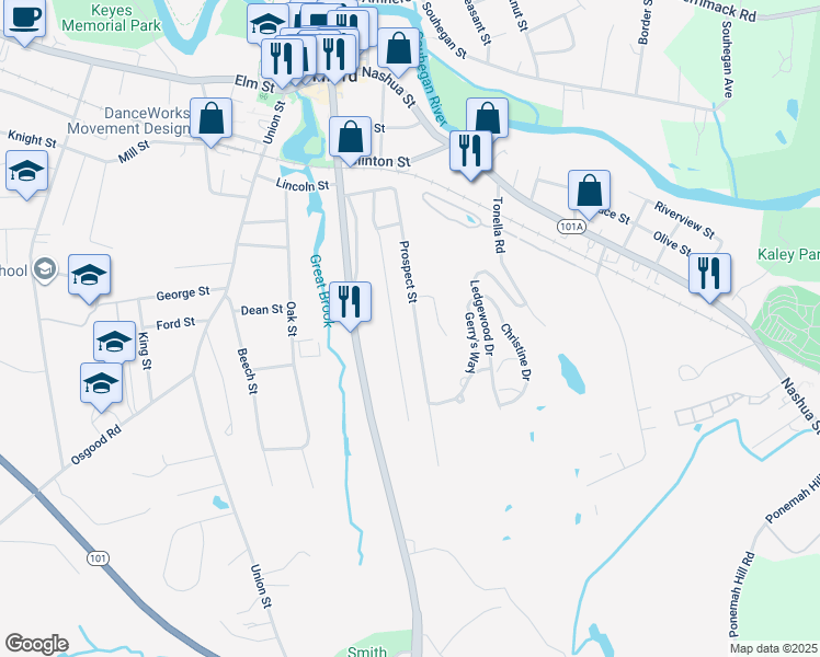 map of restaurants, bars, coffee shops, grocery stores, and more near 75 Prospect Street in Milford