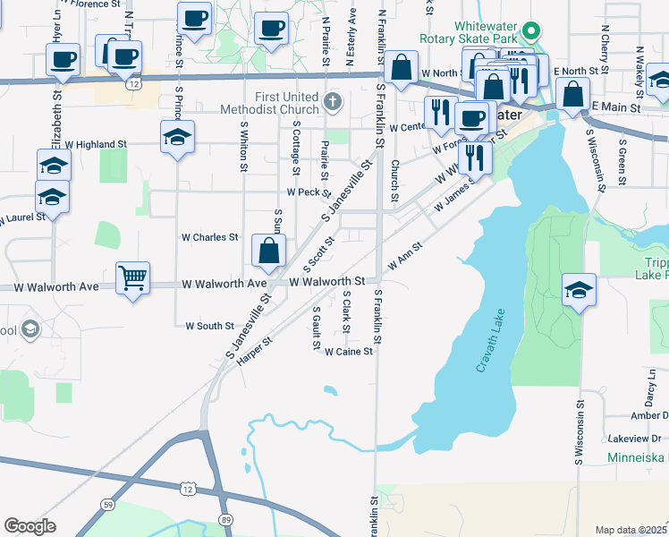 map of restaurants, bars, coffee shops, grocery stores, and more near 612 West Walworth Street in Whitewater