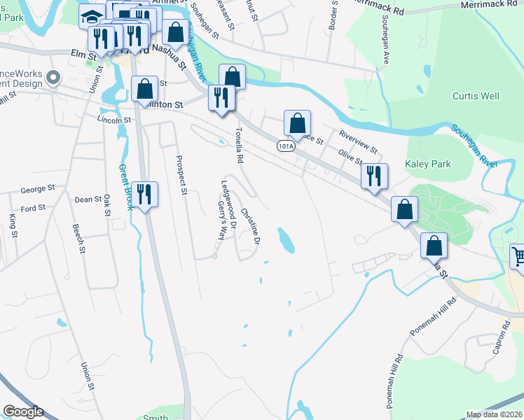 map of restaurants, bars, coffee shops, grocery stores, and more near 61 Tonella Road in Milford